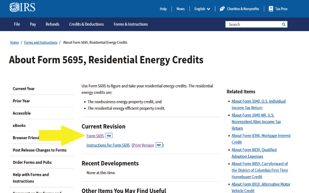 Screenshot of the IRS website for forms and instructions showing information on Residential Energy Credits, with yellow arrow pointed on the link of a copy of Form 5695 in pdf.